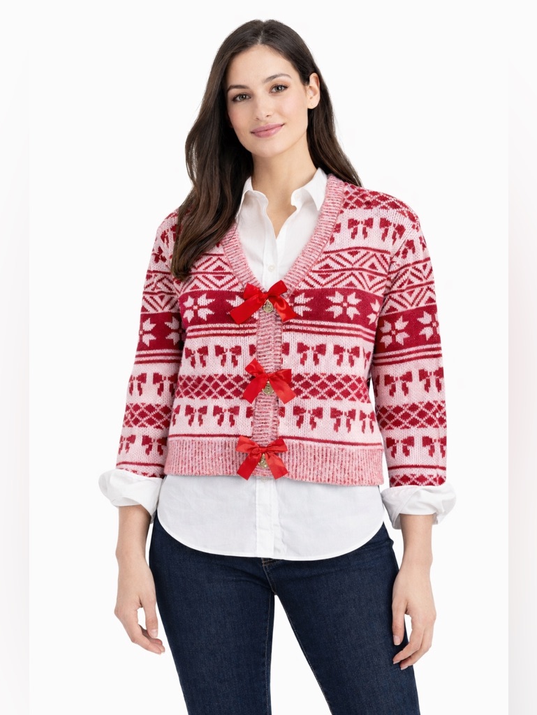 Allison Brittney Holiday Bow Cardigan Sweater Red Fair Isle Nwt Small